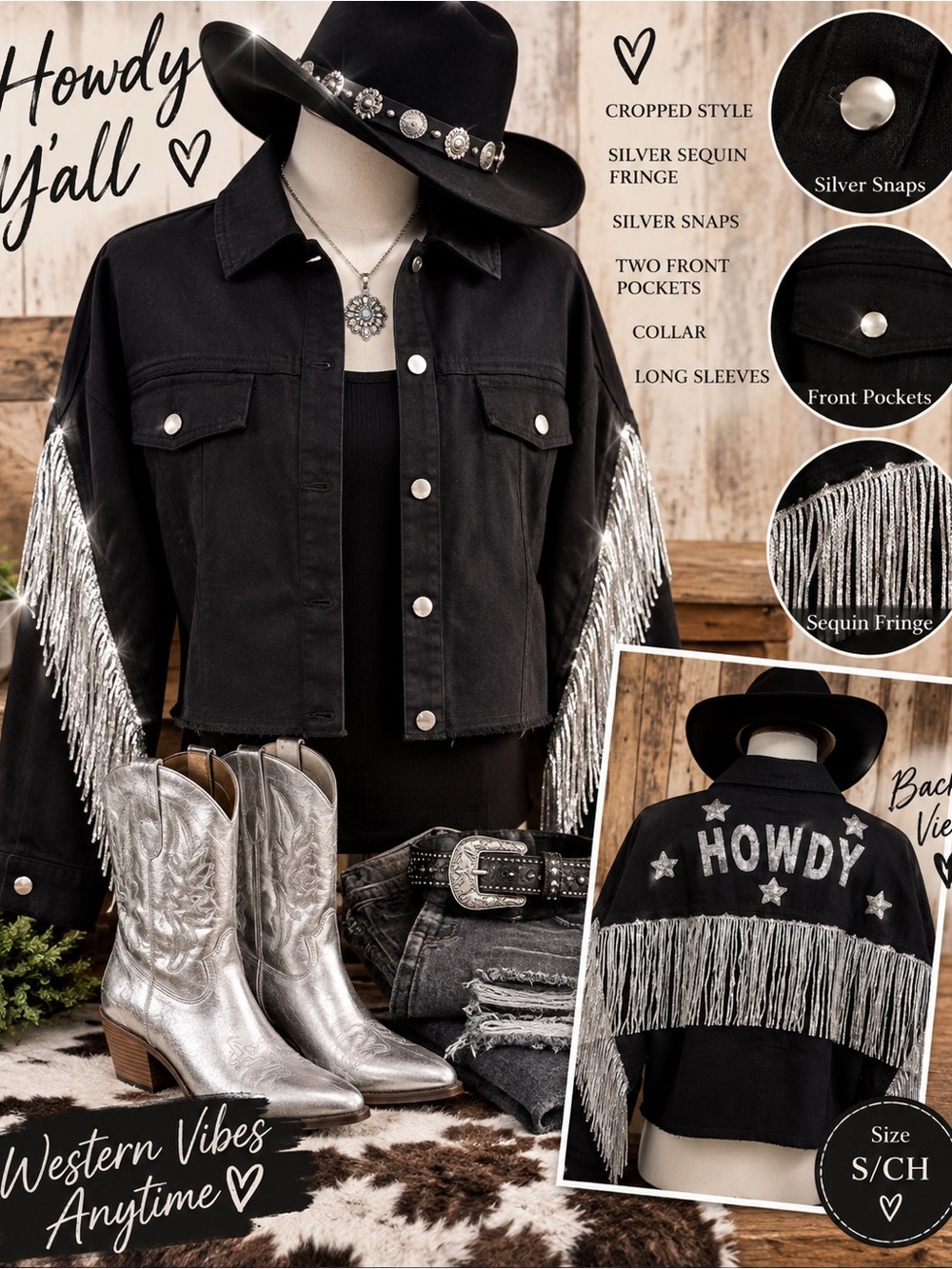Main Strip Black Cropped Jean Jacket with Silver Sequin Fringe